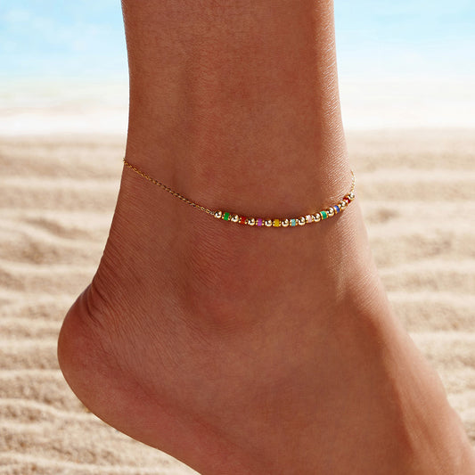 Color Round Polished Beads S925 Sterling Silver Anklet